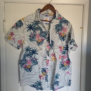 Men's Palm Tree Denim & Flower Blue White Casual Button Down Shirt Tropical XL